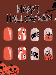 24入組短款明亮萬聖節主題指甲貼紙-南瓜，鬼魂和蝙蝠-2024年最新萬聖節指甲藝術，特色和個性化禮物，適合女性和女孩，配有果凍膠和指甲文件 - 橘色 - 查看 4