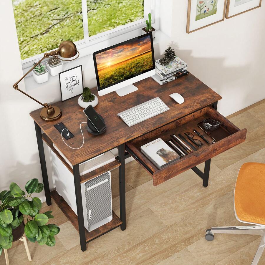 Computer Desk With Charging Station And Drawer & Adjustable Shelf-Rustic Brown - 質樸棕色 - 查看 1