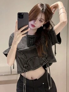 复古女孩春季时尚 T 恤，短袖 - 灰色 - 查看 4