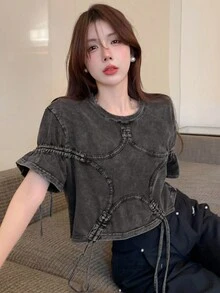 复古女孩春季时尚 T 恤，短袖 - 灰色 - 查看 5