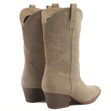 Women Western Cowboy Boots – Embroidered Mid-Calf Chunky Heel Cowgirl Boots With Side Zipper Stylish Comfortable Suede Fall/Winter Boots For Country Concert, Rodeo, Nashville Trip, Festival & Daily Wear [Size Up Half Size] - 卡其色 - 查看 4