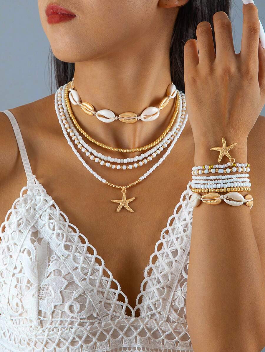 imoli 2pcs Bohemian Style Beach Resin Colorful Beaded Handmade Braided Shell Starfish Necklace Bracelet Jewelry Set For Women, Party Gift (Mixed Color Rice Beads, Handmade Bracelet With Varying Number Of Rice Beads Due To Size And Shell With Different Sizes) - Multicolor - View 1
