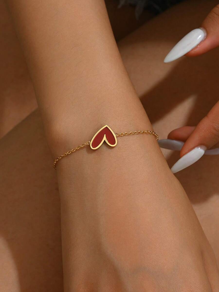 1 件 18K 镀金不锈钢不对称心形手链女士款 - 酒紅色 - 查看 1