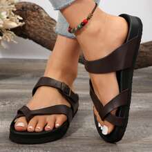 Women's Platform Sandals With,Cushion & Thick Soles On Flat Sandals For Summer Ultra ,Comfort Adjustable Slides Slip - Brown - View 4