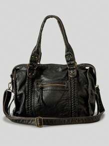 复古大容量女士手提包复古水洗 PU 皮革单肩斜挎包潮流大手提包摩托车包 - 銅色 - 查看 4