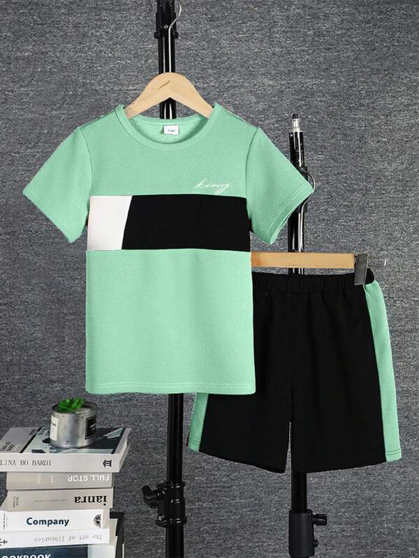Tween Boy casual outfit 2 stks/set T-shirt met ronde hals, korte mouwen en sportshorts, kleurblokontwerp in drie kleuren