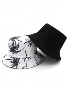 1pc Unisex New Palm Tree Printed Reversible Bucket Hat For Vacation, Suitable For Daily Casual And Outdoor