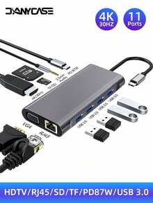 DANYCASE  11合1 USB 3.0 C HUB 87W PD 電源坞站類型C轉接器到4K HDTV相容VGA RJ45 SD/TF PC配件轉接器分配器 - 灰色 - 查看 1