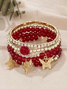 A Set Of Bohemian Multi-Layer Crystal Bead, Butterfly Pendant Colorful Bracelet, Suitable For Summer Beach Vacation, Gift For Friends