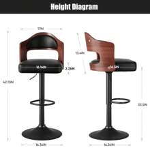 Nalupatio Wooden Barstools PU Leather Upholstered Bar Chairs Set Of 2 With Back & Footrest - 黑色 - 查看 3