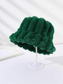 1pc Unisex Drawstring Solid/Dyed Faux Rabbit Fur Casual Fashionable Warm Bucket Hat For New Winter Christmas Winter Outfits - Green - View 3