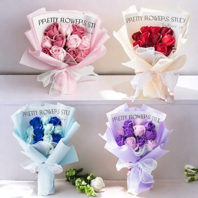 1PC Artificial Flower Bouquet Contains 11 Artificial Roses, Flower Wrapping Paper, 33cmx22cm Immortal Soap Flowers, Suitable For Birthday Or Anniversary Gifts For Mom, Besties, Friends, Mother'S Day Valentine'S Day Gifts, Wedding Souvenirs And Festivals Party Home Table Decoration Gifts,Birthday Or Party Gift For Women, Valentine Day, Gift Graduation