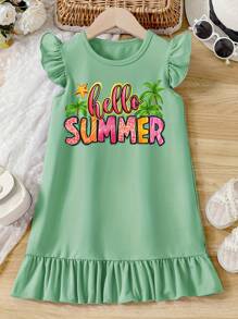 年轻女孩“Hello Summer”字母印花荷叶边下摆盖袖连衣裙，年轻女孩舒适休闲连衣裙 - 綠色 - 查看 1