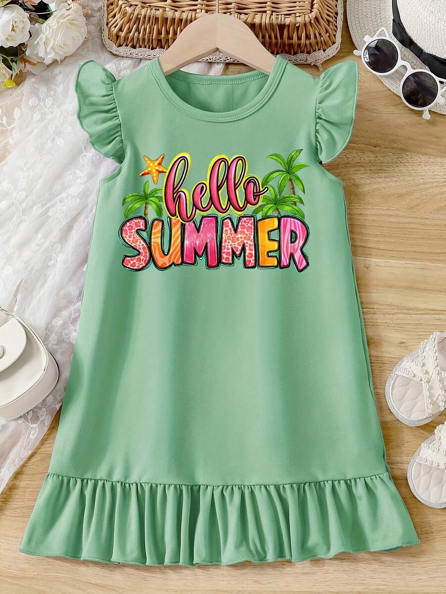 年轻女孩“Hello Summer”字母印花荷叶边下摆盖袖连衣裙,年轻女孩舒适休闲连衣裙 - 綠色 - 查看 1