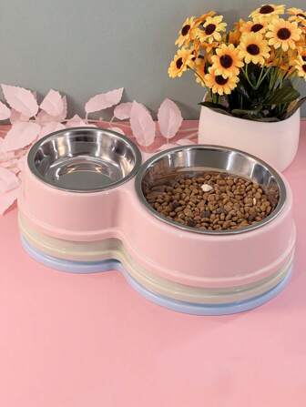 1pc Pet Bowl 8-Shaped Dual-Use Stainless Steel Food And Water Feeding Bowl With Non-Slip Plastic Base, Double Round Shape For Cats And Dogs