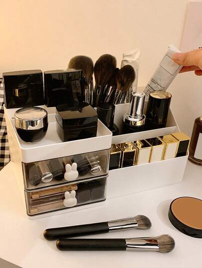 1 pezzo Scatola portaoggetti cosmetici, scatola portaoggetti da bagno, scaffale espositore cosmetici, organizer cosmetici, scatola trucco semplice, cassetto antipolvere, scatola portaoggetti da scrivania di grande capacità, scatola portaoggetti bianca, accessorio da bagno, scaffale contenitore aperto adatto per cosmetici, studenti o tavoli da toletta, forniture per la casa e l'ufficio, organizer cosmetici da tavolo da toeletta, accessori da bagno, per vacanze in spiaggia, collezione da camera da letto, grande capacità