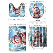 4入組粉紅色聖誕雪人圖案浴室套裝，包括帶有12個掛鉤的防水淋浴簾，防滑浴墊，馬桶U型墊，馬桶蓋和浴室裝飾 - 大雪人和兔子小雪人 - 查看 11