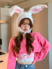 1只可愛毛絨兔耳長連帽帽子，女士搞笑兔耳帽 - A - 查看 6