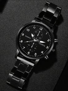 3pcs Set Fashionable & Versatile Men's Quartz Watch, Round Dial, Alloy Steel Strap, Paired With Crown Beaded Bracelet, Best Gift For Men, Suitable For Holidays And Daily Wear - Black - View 3