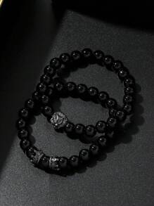 3pcs Set Fashionable & Versatile Men's Quartz Watch, Round Dial, Alloy Steel Strap, Paired With Crown Beaded Bracelet, Best Gift For Men, Suitable For Holidays And Daily Wear - Black - View 4