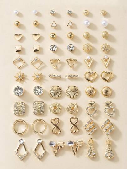 30pairs/Set Elegant Minimalist Metal Faux Pearl Flower Heart Bow Earrings For Women, Gift Valentines