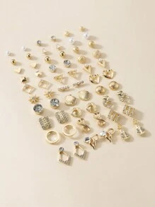 30 对/套优雅简约金属仿珍珠花心蝴蝶结耳环女士情人节礼物 - 金黃色 - 查看 4