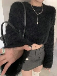 Nuevo suéter holgado de punto negro para mujer con diseño único, estilo de tendencia, blusas de manga larga - Negro - Ver 5