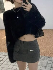 Nuevo suéter holgado de punto negro para mujer con diseño único, estilo de tendencia, blusas de manga larga - Negro - Ver 4