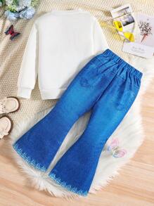 Young Girl Funny Print Warm Lined Sportswear And Flared Pants Set