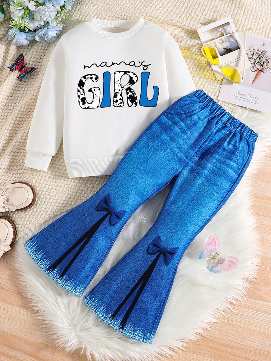 Young Girl Funny Print Warm Lined Sportswear And Flared Pants Set