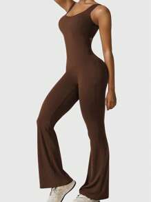 Speed mate Women's Sleeveless Yoga Jumpsuit With Butt Lifting Feature, Backless Flared Flare Jumpsuit - Coffee Brown - View 4