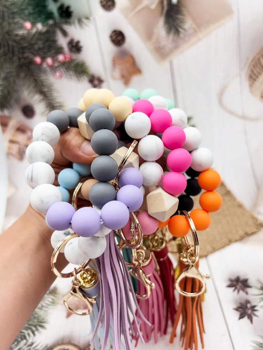 1pc Simple And Fashionable Marble Patterned Silicone Bead Tassel Keychain For Bag Or Key Anti-Loss Pendant, Perfect Gift For Friends And Moms Car Accessories Bag Charm School Cute Goth Y2k - Simplicity - View 1