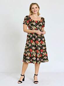 Boho Retro Ditsy Floral Flutter Puff Sleeve Square Neck Tiered Ruffle Tea Midi Length Classic Bridgerton Dress - Red and Black - View 4