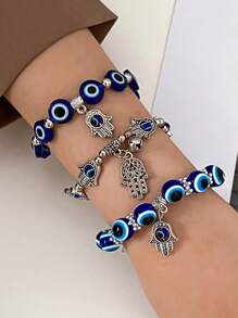 Ensemble de 3 pièces de bracelet pendentif de main de décoration d'œil maléfique en perles, pour femme à la mode pour un usage quotidien