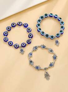 Ensemble de 3 pièces de bracelet pendentif de main de décoration d'œil maléfique en perles, pour femme à la mode pour un usage quotidien
