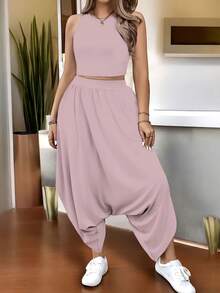 Conjunto, Blusa Top Y Pantalón Holgado Casual Para Mujer - Rosa Claro - Ver 2