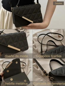 Bolso De Mano De Diseño De Cuadros Exquisito Y Elegante Bolso Portátil Con Asa Superior Con Mini, Presionado Con Correa De Hombro Ajustable Y Cubierta De Material De Cambio De Pu, acolchado con solapa irregular de PU para adolescentes, Perfecto Para Mujeres En Movimiento, Compras, Citas, Fiestas Y Como Regalo,  mujeres, estudiantes universitarias, novatos y trabajadores de cuello blanco, perfecto para la oficina, la universidad, el trabajo, los negocios, los desplazamientos, al aire libre, los viajes, las excursiones - Negro - Ver 8