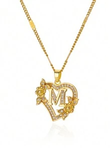 锆石心形花朵字母项链，金色，A-Z字母心形项链，婚礼珠宝礼物，情人节礼物，母亲节礼物 - 金黃色 - 查看 25
