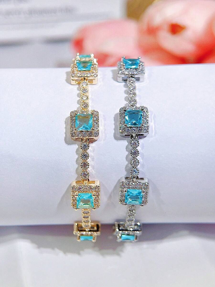 SEQUITO 1pc Delicate Wrist Pendant Bracelet Gold Plated Pave Setting Square Shape Blue AAA Cubic Zirconia Women Clothing Jewelry