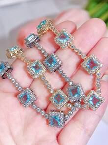 SEQUITO 1pc Delicate Wrist Pendant Bracelet Gold Plated Pave Setting Square Shape Blue AAA Cubic Zirconia Women Clothing Jewelry - 18.5 cM - View 12