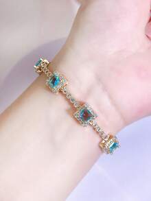 SEQUITO 1pc Delicate Wrist Pendant Bracelet Gold Plated Pave Setting Square Shape Blue AAA Cubic Zirconia Women Clothing Jewelry - 18.5 cM - View 5