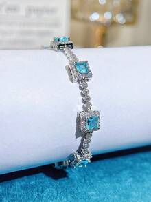 SEQUITO 1pc Delicate Wrist Pendant Bracelet Gold Plated Pave Setting Square Shape Blue AAA Cubic Zirconia Women Clothing Jewelry - 18.5 cM - View 9