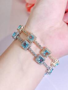 SEQUITO 1pc Delicate Wrist Pendant Bracelet Gold Plated Pave Setting Square Shape Blue AAA Cubic Zirconia Women Clothing Jewelry - 18.5 cM - View 3