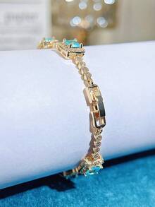 SEQUITO 1pc Delicate Wrist Pendant Bracelet Gold Plated Pave Setting Square Shape Blue AAA Cubic Zirconia Women Clothing Jewelry - 18.5 cM - View 11