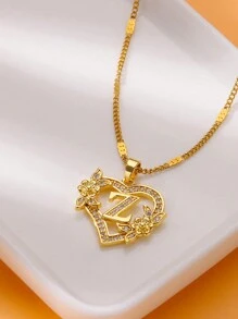 锆石心形花朵字母项链，金色，A-Z字母心形项链，婚礼珠宝礼物，情人节礼物，母亲节礼物 - 金黃色 - 查看 9