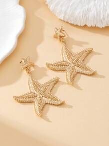 1pair European And American Gold Plated Asymmetrical  Starfish Ocean Series Earrings For Women, Suitable For Fashionable Summer Beach Vacation And Casual Travel, Stylish And Versatile, Perfect Gift For Friends