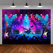 1PC Polyester Karaoke Rock Party Background - Large Fabric Rock Star Stage Banner With Instruments For Party Decoration, Rock Themed Photography Background, Event Photography Booth Props - Multicolor - View 5
