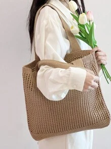 Yogodlns Nueva bolsa de mano grande hecha a mano de estilo vintage de verano de las mujeres, con correa de hombro de punto de ganchillo y gran capacidad. Bolsa grande de punto de ganchillo con huecos y gran capacidad, de estilo de vacaciones