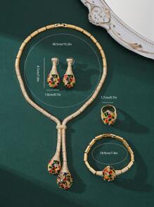 Necklace+Earrings+Ring+Bracelet Set With Multicolored Cubic Zirconia And Tassel Design, Suitable For Ladies' Daily Wear, Parties, Banquets, Bride, Bridal Jewelry Set