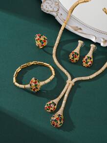 Necklace+Earrings+Ring+Bracelet Set With Multicolored Cubic Zirconia And Tassel Design, Suitable For Ladies' Daily Wear, Parties, Banquets, Bride, Bridal Jewelry Set